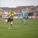 Hebburn Town forward Olly Martin grabs his second goal of the day in the Hornets’ 5-1 home win against Consett (Photo: Tyler Lopes)