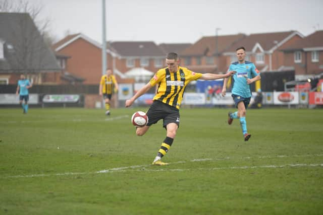 Hebburn Town forward Olly Martin grabs his second goal of the day in the Hornets’ 5-1 home win against Consett (Photo: Tyler Lopes)