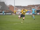 Hebburn Town forward Olly Martin grabs his second goal of the day in the Hornets’ 5-1 home win against Consett (Photo: Tyler Lopes)