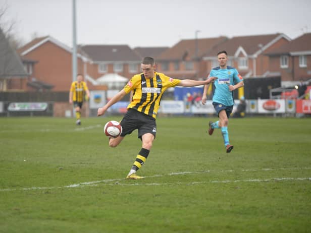 Hebburn Town forward Olly Martin grabs his second goal of the day in the Hornets’ 5-1 home win against Consett (Photo: Tyler Lopes)