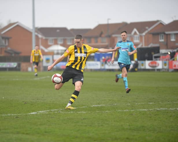 Hebburn Town forward Olly Martin grabs his second goal of the day in the Hornets’ 5-1 home win against Consett (Photo: Tyler Lopes)