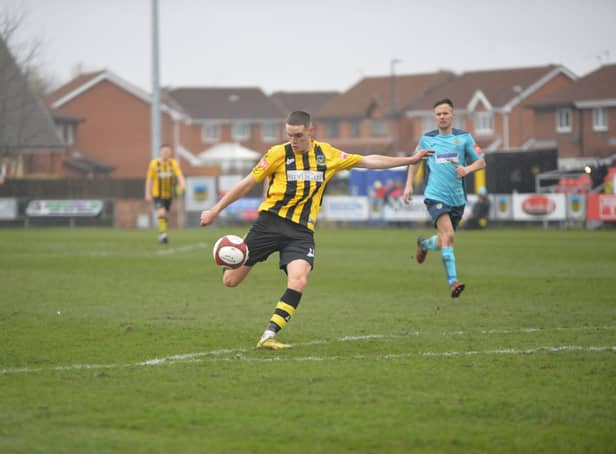 Hebburn Town forward Olly Martin grabs his second goal of the day in the Hornets’ 5-1 home win against Consett (Photo: Tyler Lopes)