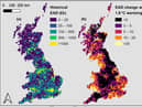 Maps show historical expected annual flood damage (EAD) in GBP billion at 2020 values, and calculated EAD percentage increase with 1.8 degrees global warming. (Credit: University of Bristol and Fathom)