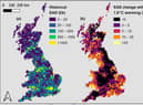 Maps show historical expected annual flood damage (EAD) in GBP billion at 2020 values, and calculated EAD percentage increase with 1.8 degrees global warming. (Credit: University of Bristol and Fathom)