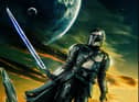 A promotional image for The Mandalorian S3, depicting Pedro Pascal as Din Djarin in front of a yellow and green sky (Credit: Disney+)