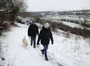 A couple walk their dog in the snow at Dartland Banks nature reserve near Hampstead.