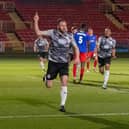 Louis Storey celebrates after scoring Gateshead’s first goal in their 3-0 home win against Dagenham & Redbridge (photo Charles Waugh)