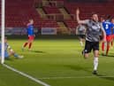 Louis Storey celebrates after scoring Gateshead’s first goal in their 3-0 home win against Dagenham & Redbridge (photo Charles Waugh)