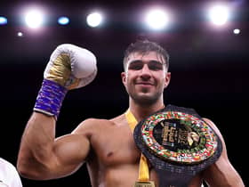 Tommy Fury poses for a photo with their Title Belt after defeating Jake Paul during the Cruiserweight Title fight between Jake Paul and Tommy Fury at the Diriyah Arena on February 26, 2023 in Riyadh, Saudi Arabia. (Photo by Francois Nel/Getty Images)