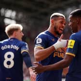 Alexander Isak of Newcastle United celebrates with teammate Joelinton after scoring the team’s second goal during the Premier League match between Brentford FC and Newcastle United at Brentford Community Stadium on April 08, 2023.