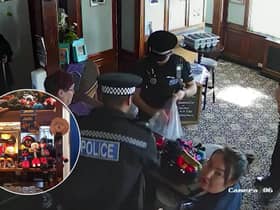 CCTV footage shows police storming a couple's Essex pub and seizing their golliwog dolls, saying the toys were a suspected hate crime (Photos: SWNS)