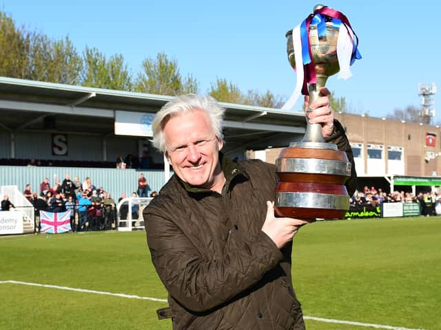 Geoff Thompson celebrates South Shields’ Northern Premier League title win (photo Kevin Wilson)