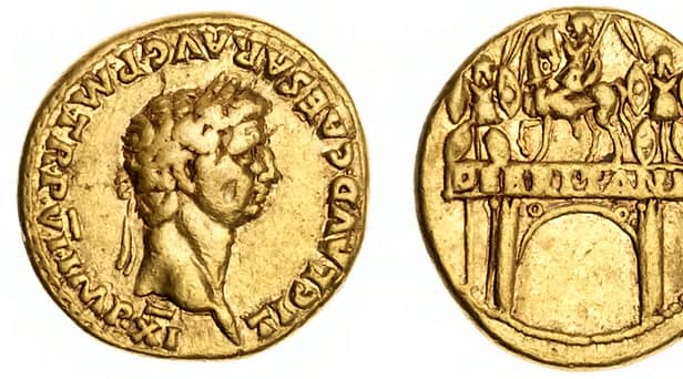 The gold aureus celebrating the conquest in AD 43 was uncovered among the ruins of a suburb five kilometres north of the archaeological site in southern Italy’s Campania region.