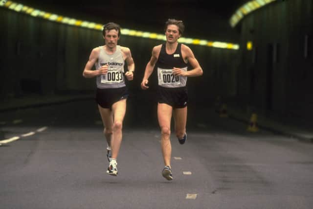 Dick Beardsley (left) of USA and Inge Simonsen (right) of Norway in action during the first London Marathon in 1981. The two were joint winners as they crossed the line holding hands.