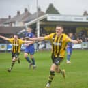 Olly Martin celebrates his goal in Hebburn Town’s 3-1 home win against Cleethorpes Town (photo Tyler Lopes)