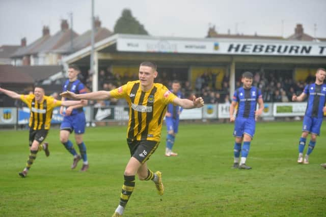 Olly Martin celebrates his goal in Hebburn Town’s 3-1 home win against Cleethorpes Town (photo Tyler Lopes)