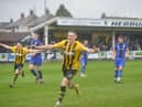 Olly Martin celebrates his goal in Hebburn Town’s 3-1 home win against Cleethorpes Town (photo Tyler Lopes)