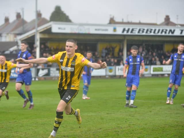 Olly Martin celebrates his goal in Hebburn Town’s 3-1 home win against Cleethorpes Town (photo Tyler Lopes)