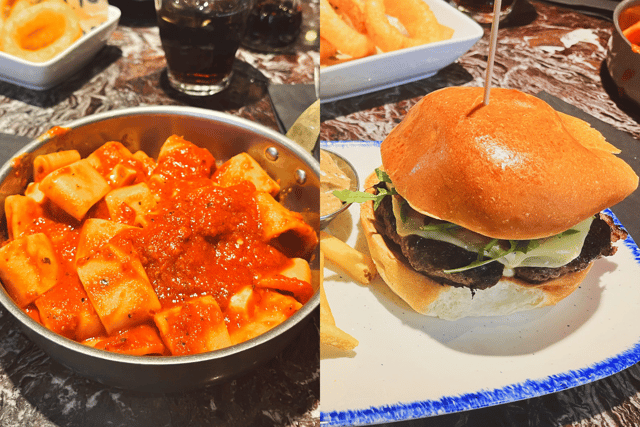 The paccheri ‘nduja e bufala (left) and the pancetta e fontal.