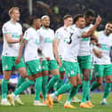 Jacob Murphy celebrates his goal with Newcastle United team-mate Alexander Isak.