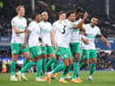 Jacob Murphy celebrates his goal with Newcastle United team-mate Alexander Isak.