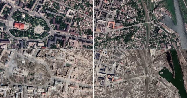Satellite imagery shows the once flourishing city turned into a wasteland, with landmark buildings reduced to rubble.