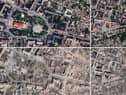 Satellite imagery shows the once flourishing city turned into a wasteland, with landmark buildings reduced to rubble.