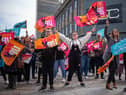 Teachers from the National Education Union demonstrate in central Middlesbrough as part of a further day of industrial action by teachers on April 27, 2023 in Middlesbrough, England. There were widespread school closures in England as members of the National Education Union (NEU) went on strike for a fourth day this year. A fifth strike day is scheduled for May 2. (Photo by Ian Forsyth/Getty Images)