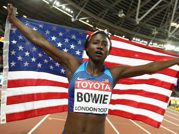 Tori Bowie as World Champion in 100m at 2017 World Athletics Championship