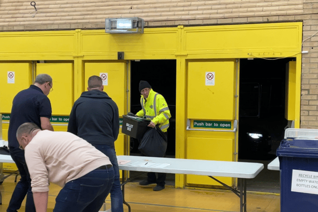 The first ballot boxes arriving at Temple Park Leisure Centre. 