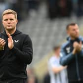 Eddie Howe applauds Newcastle United fans after the Arsenal game.