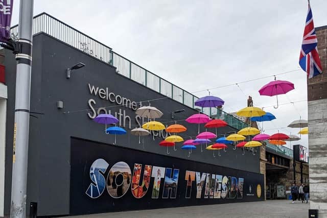 Rainbow umbrella installation, South Shields