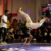 B-Boy Gravity, also known as Miguel Rosario, competes in the Semifinal battle against B-Boy Tahu during the Breaking For Gold USA regional competition at Industria on April 22