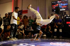 B-Boy Gravity, also known as Miguel Rosario, competes in the Semifinal battle against B-Boy Tahu during the Breaking For Gold USA regional competition at Industria on April 22