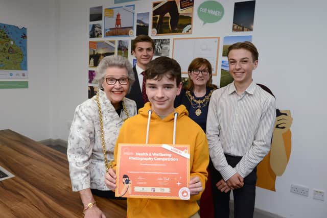 Competition winner, Harry Thompson, is pictured with the Mayor and Mayoress Cllr Pat Hay and Jean Copp, Cllr Adam Ellison and MYP Luke Hall.