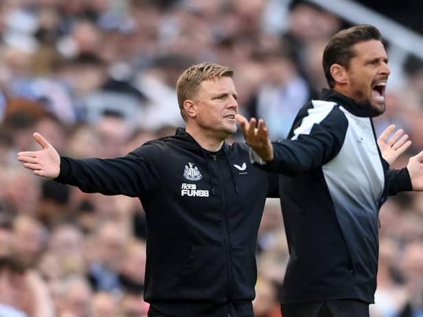 Newcastle United head coach Eddie Howe and No.2 Jason Tindall on the touchline against Arsenal last weekend.