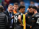 Sam Allardyce interacts with Leeds following 2-1 loss to Manchester City