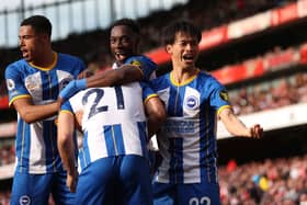 Deniz Undav celebrates Brighton and Hove Albion's second goal with team-mates, including Danny Welbeck.