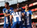 Deniz Undav celebrates Brighton and Hove Albion's second goal with team-mates, including Danny Welbeck.