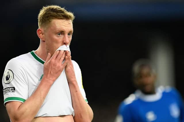 Newcastle United midfielder Sean Longstaff reacts during a game against Everton at Goodison Park late last season. (Pic: Getty Images)