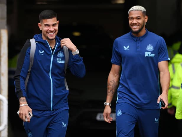 Newcastle United pair Bruno Guimaraes and Joelinton arrive at St James' Park.