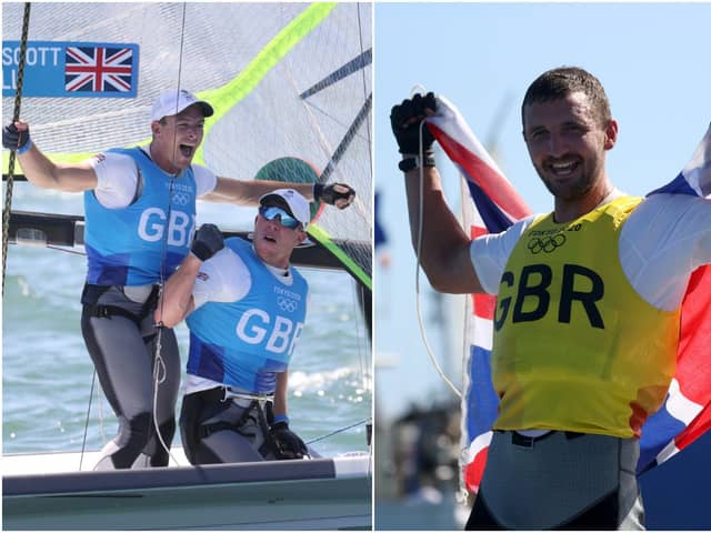 Dylan Fletcher and Stuart Bithell (left) claimed the narrowest of victories in the 49er before Giles Scott (right) successfully defended his Finn title (Getty Images)