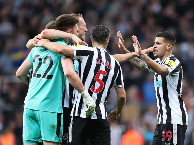 Newcastle United goalkeeper Nick Pope, far left, celebrates after the Leicester City game.