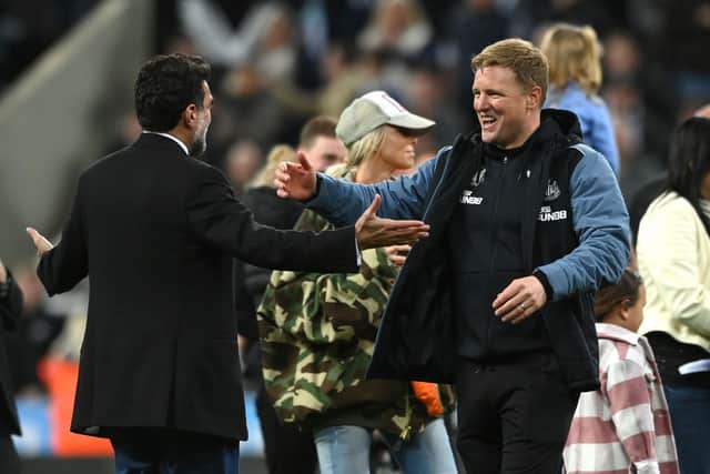 Newcastle United head coach Eddie Howe celebrates with chairman Yasir Al-Rumayyan the club secured Champions League football. (Pic: Getty Images)