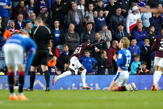 Newcastle United's Garang Kuol celebrates his equaliser for loan club Heart of Midlothian against Rangers last season. (Getty Images).