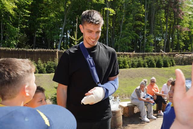 Newcastle United goalkeeper Nick Pope at Lilidorei play village,Alnwick Garden, after finger surgery this week.