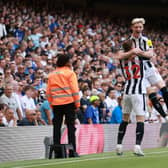 Anthony Gordon celebrates his first Newcastle United goal with Elliot Anderson.