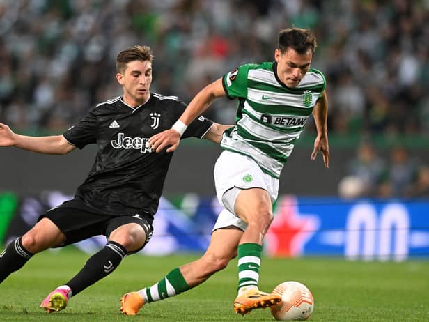 Manuel Ugarte blasts past Juventus’ Fabio Miretti during the Europa League quarter-finals.