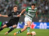Manuel Ugarte blasts past Juventus’ Fabio Miretti during the Europa League quarter-finals.