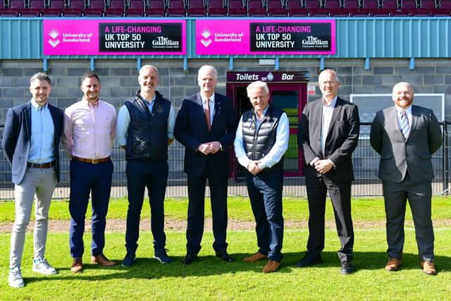 From left: Adam Shaw, director and consultant specialising in sport, fitness and health; Ian Moody, director of University of Sunderland’s International Office; Lee Picton, sporting director at South Shields FC; Sir David Bell, vice-chancellor and chief executive of University of Sunderland; Geoff Thompson, chairman/owner of South Shields FC; Professor Jon Timmis, deputy vice-chancellor (commercial) of University of Sunderland; and Tom Atkinson, international regional team leader at University of Sunderland. Photo: South Shields FC. 